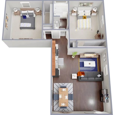 Floor plan for 2 beds, 1 bath, 865 sqft